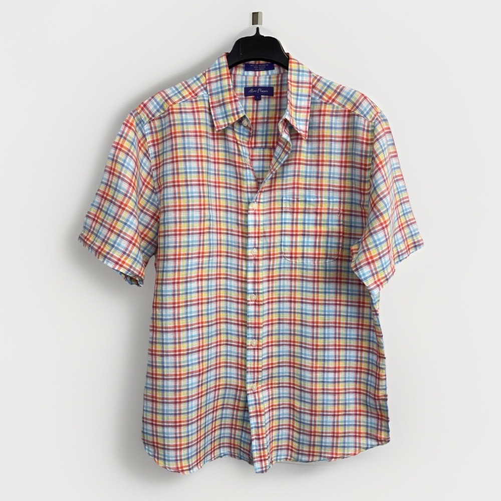 Alan Flusser Linen Blend Plaid Check Men's Shirt Sz Lโ Button Short Sleeve Multi